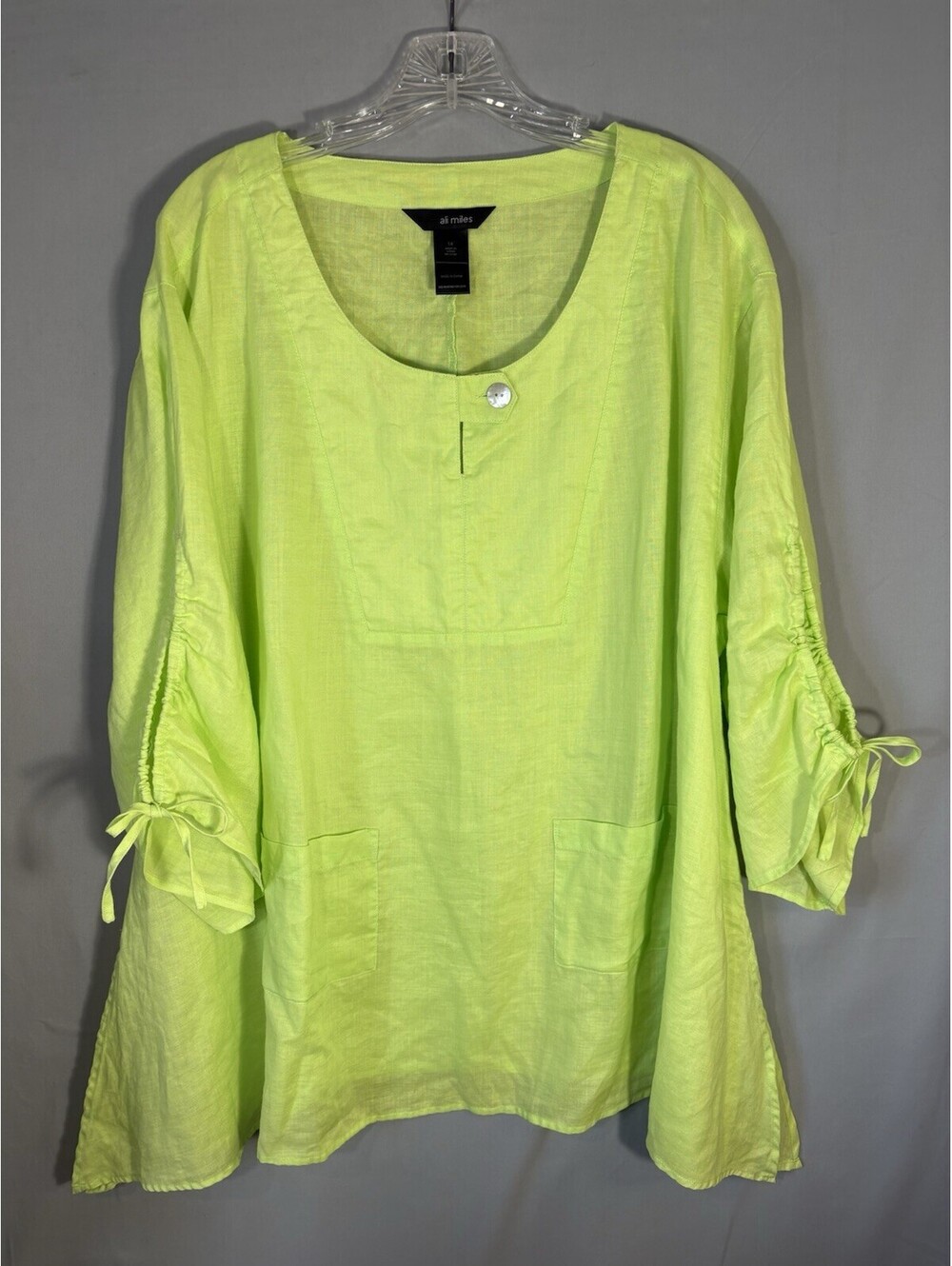 Ali Miles 1X 100% Ramie Neon Lime Tunic Blouse Ruched Sleeve Pockets Boho